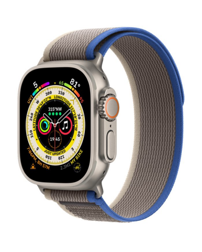Apple Watch Ultra GPS + LTE 49mm MQEJ3 Titanium Case with Blue/Gray Trail Loop – M/L
