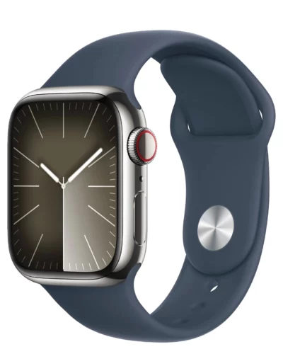 Apple Watch Series 9 GPS + LTE  41mm MRJ33 Silver Stainless Steel Case, Storm Blue Sport Band M/L