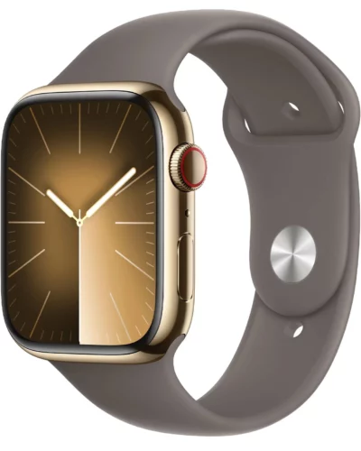Apple Watch Series 9 GPS + LTE 45mm MRMR3 Gold Stainless Steel Case, Clay Sport Band S/M