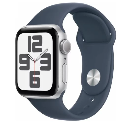 Apple Watch SE (2023) GPS + LTE 44mm MRHF3 Silver Aluminium Case, Storm Blue Sport Band – S/M